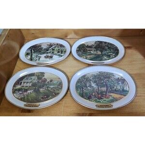 Vtg Currier & Ives Decorative Wall Plaques Metal 4 Season Set American Homestead